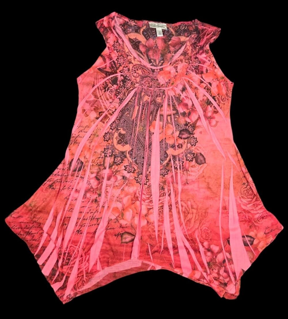 Y2K Dressbarn Boho Fairy Tunic Top Red Floral Script Babydoll Medium Casual